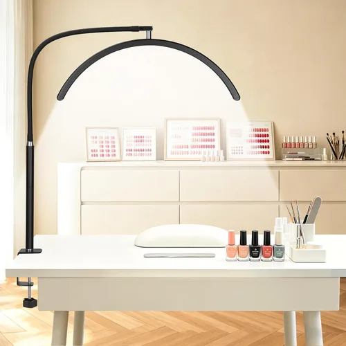 Vista 8 de Luz de media luna para escritorio de uñas, lámpara de manicura LED profesional sin sombras con abrazadera, 3 modos de color y 10 niveles de brillo