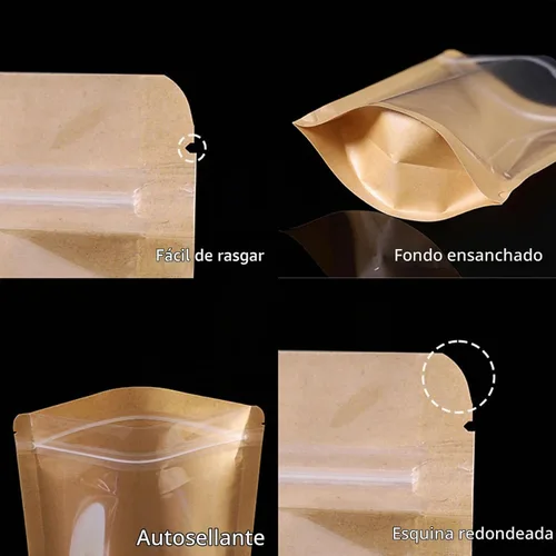 Vista 8 de 50 bolsas de papel kraft con ventana frontal transparente, bolsas resellables verticales con cierre hermético, bolsas de almacenamiento