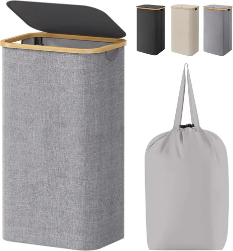Vista 19 de Lifewit Cesta de lavandería de 80 litros con tapa, cestas de ropa para lavandería con asas de bambú y una bolsa de lavandería extraíble, cesta Beige
