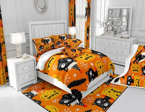 Vista 6 de Feelyou Funda de edredón de Halloween, tamaño individual, con 1 funda de almohada, decoración de Halloween, juego de ropa de cama con estampado