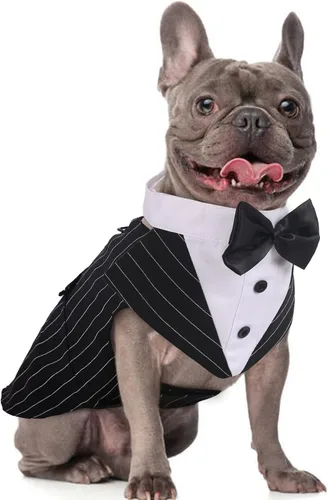 Vista 11 de DORA BRIDAL Esmoquin para perros pequeños, traje de perro y corbatín, traje formal de boda para perros, conjunto de esmoquin y bandana para Negro