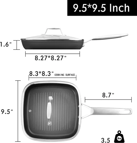 Vista 4 de MsMk - Sartén cuadrada con tapa de 9.5 pulgadas, sartén de parrilla antiadherente de titanio y cerámica, mango Stay-Cool, compatible con todas