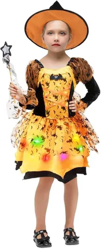 Vista 5 de NA Disfraz de bruja iluminada para niñas conjunto de vestido elegante para niños color amarillo 3-4T