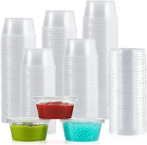 Vista 9 de Lilymicky 400 juegos de vasos de plástico desechables de 1 onza con tapas, pequeños recipientes de plástico para condimentos para salsa, vasos