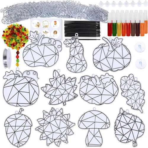 Vista 3 de Winlyn 33 juegos de hojas de otoño calabaza bellota girasol atrapasoles adornos decoraciones de pintura de ventana arte atrapasoles kits