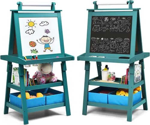 Vista 14 de Costzon Kids Art Easel, 3 in 1 Double-Sided Painting Easel w/Magnetic Whiteboard, Chalkboard & Paper Roll, 2-Tier Storage Rack & 2 Boxes, Standing