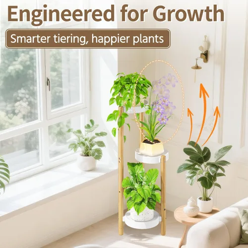 Vista 6 de LASZOLA Soporte de bambú blanco de 3 niveles resistente para plantas en interiores, estante vertical alto de múltiples niveles para esquina estrecha