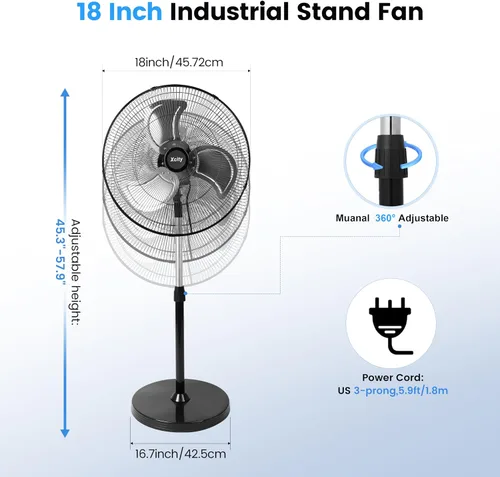 Vista 2 de Xcity Ventilador de pie de 18 pulgadas, ventilador de pedestal oscilante industrial de alta velocidad máximo de 3100 CFM con inclinación de 90°