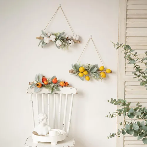 Vista 6 de DEDEMCO Botín floral de limón para puerta delantera, guirnalda de hojas de eucalipto para colgar frutas artificiales de 16 pulgadas, guirnalda
