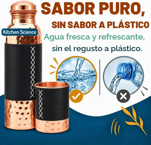 Vista 5 de Kitchen Science - Botella de agua de cobre con vaso y fundas de cuero negro, 34 onzas, a prueba de fugas, probada en laboratorio