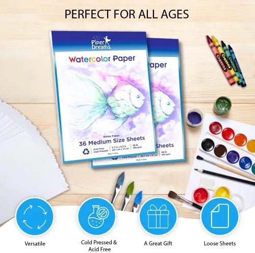 Vista 2 de 1 paquete – Total de 36 hojas de papel de acuarela (11.7 x 8.3 pulgadas) – Stock pesado (98 libras), hojas blancas sueltas. Perfecto para niños