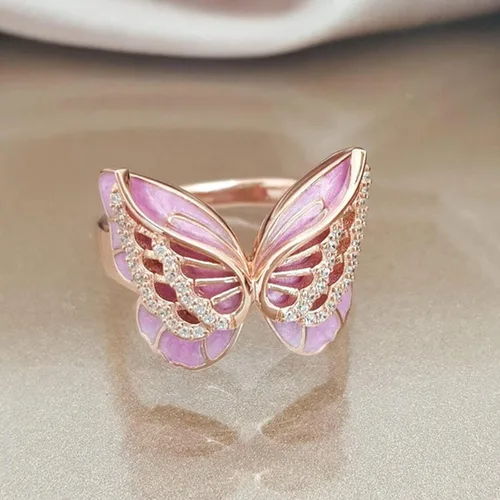 Vista 3 de Anillo de mariposa rosa con incrustaciones de circonita para mujer, anillo elegante de joyería vintage