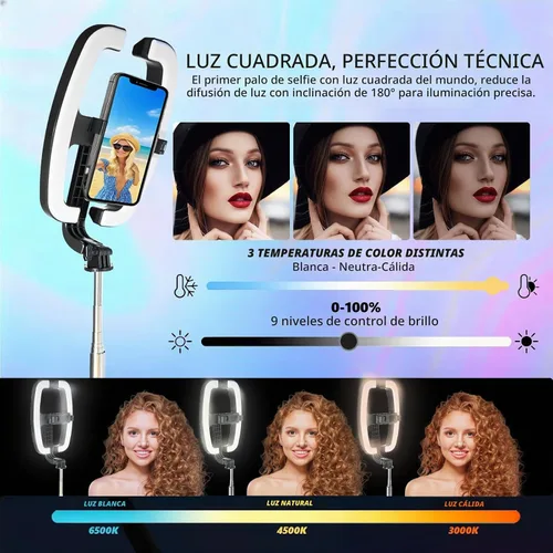 Vista 2 de Luz plegable para selfie con soporte, soporte extensible de 54 pulgadas para teléfono con luces LED regulables y control remoto, trípode de luz