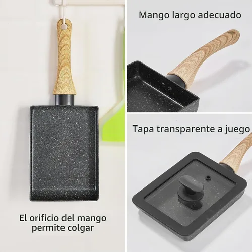 Vista 4 de Sartén de tortilla japonesa,Sartén antiadherente para huevos Tamagoyaki,Sartén rectangular pequeña con tapa,Espátula de silicona y cepillo Negro
