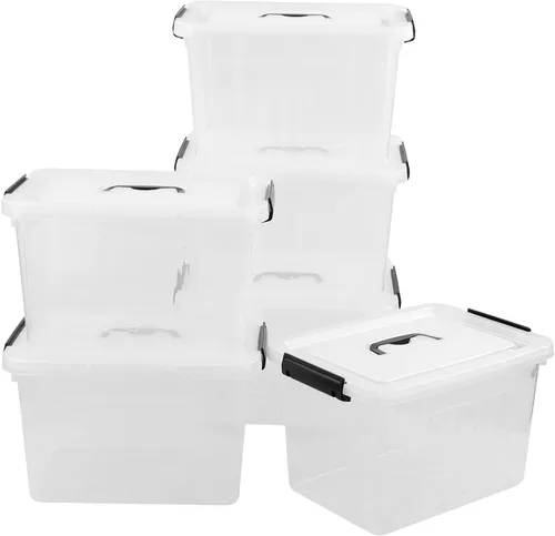 Vista 5 de Qskely - Paquete de 6 cajas de almacenamiento de plástico transparente, 10 L, caja de almacenamiento con asa secure latch lids keep dust and