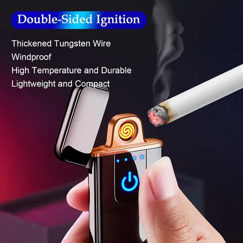 Vista 2 de Encendedor electrónico, resistente al viento, recargable por USB, de bobina delgada, con sensor de huellas dactilares inteligente, encendido de Negro