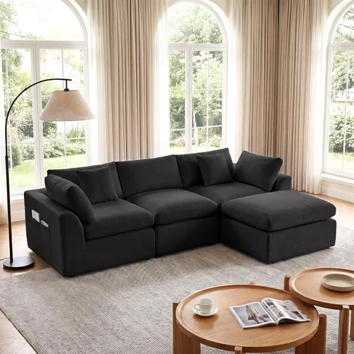 Vista 19 de Sofá nube sin hueso de 111 pulgadas en forma de L con diván, sofá modular de 3 plazas para sala de estar, sofás de felpilla deshuesados de gran Beige