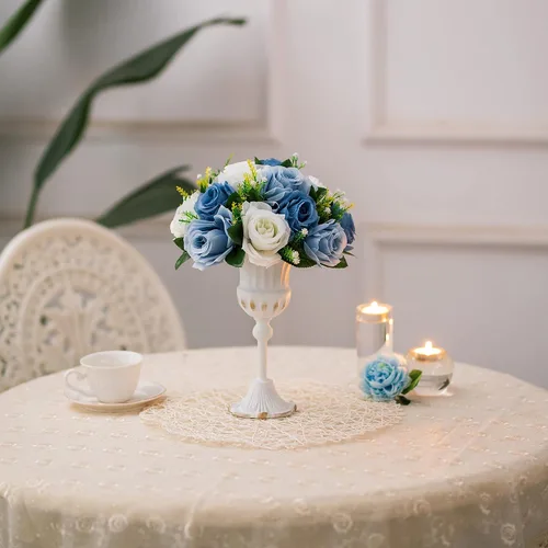 Vista 6 de BLOSMON Centros de mesa de bola de flores para mesa 2 piezas Centro de mesa de rosas artificiales Flores azul polvoriento Arreglo floral de seda