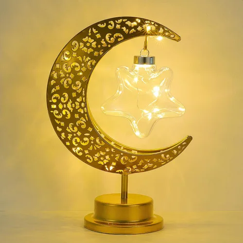 Vista 15 de Lewondr Ramadan Crescent Moon Table Lamp, 3 Way Dimmable Touch Lamp, Gold