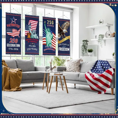 Vista 5 de Panelee 4 pancartas decorativas para el 250 aniversario de la bandera patriótica de Estados Unidos, para porche, telón de fondo colgante para el Día