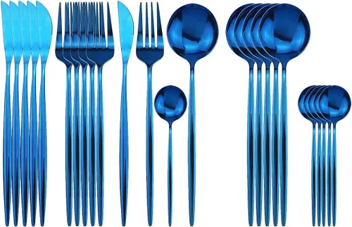 Vista 17 de Juego de cubiertos negros de acero inoxidable de 24 piezas, servicio para 6, vajilla pulida con espejo, cuchillo tenedor y cuchara para el hogar