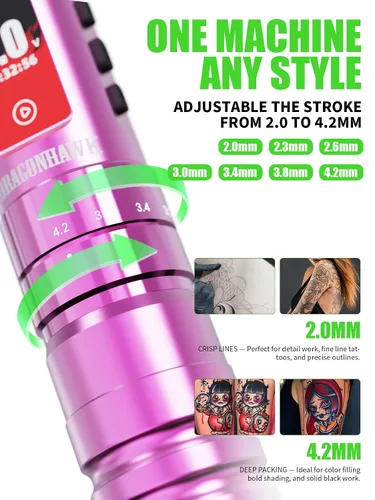 Vista 2 de Dragonhawk Kit de tatuaje inalámbrico A3 Pro, máquina de bolígrafo de 7 Rojo rosa