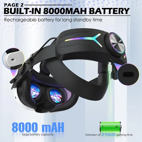 Vista 3 de Orzero Head Strap Accessories Compatible for Quest 3 with Extended 8000mah Battery Pack - Enhanced Comfort and Extended Gaming Time with RGB Light