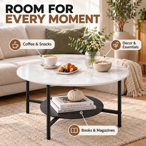 Vista 6 de Wisfor Mesa de centro de mármol para sofá de mesa: mesa central redonda de piedra sinterizada blanca de 2 niveles con Fram negro para sala de estar