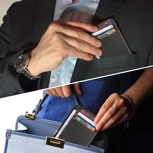 Vista 3 de Cartera delgada minimalista de cuero para tarjetas de crédito RFID bloqueo con ventana de identificación