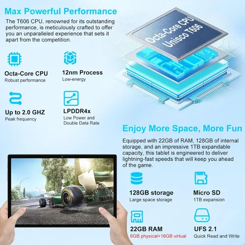 Vista 2 de Tablet 2026, tabletas Android 15 de 10 pulgadas 22GB+128GB+1TB Expand, tableta electrónica 2 en 1 Octa-Core con funda de teclado y mouse, batería