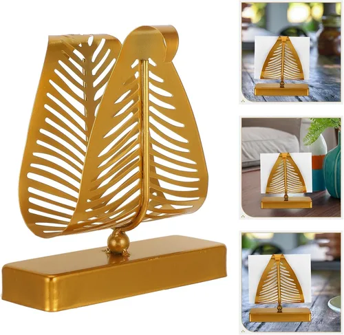 Vista 7 de Veemoon Modern Metal Napkin Holder Stand Large Upright Tissue Dispenser with Leaf Design, Gold Rustic Kitchen and Dining Table Organizer for