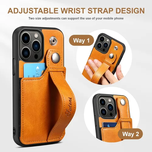 Vista 5 de Funda para iPhone 15 Pro Max 2023, de piel sintética, con ranura elástica para tarjetas, cierre magnético, correa de mano, funda protectora