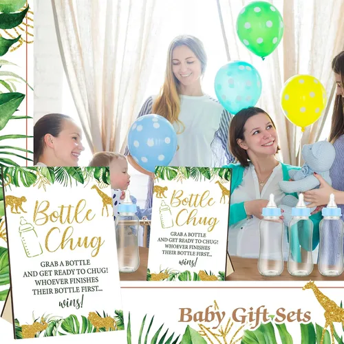 Vista 7 de TrelaCo Safari Cool Baby Shower Games Bottle Chug Sign Wooden Jungle Animals Set de regalo para revelación de género suministros de fiesta y 12