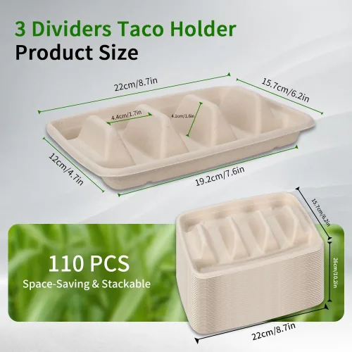 Vista 2 de Paquete de 110 soportes desechables para tacos, platos de tacos desechables con 3 divisores para decoraciones de martes de tacos y juego de servir