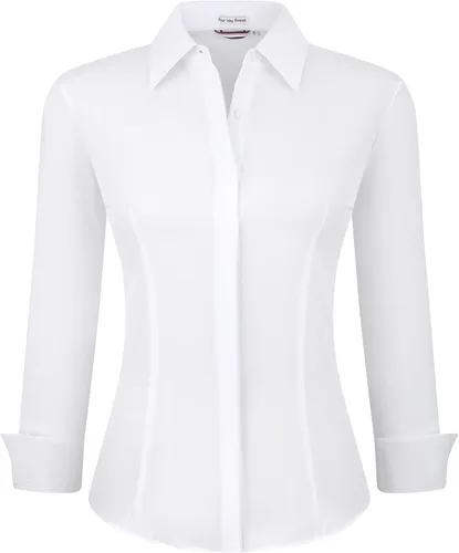 Vista 22 de Alex Vando Camisas de vestir para mujer, sin arrugas, ajuste regular, manga larga, elástica, camisa de trabajo