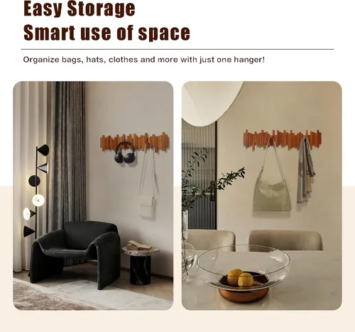 Vista 2 de Perchero de madera para colgar en la pared, varios estantes sólidos hechos a mano de madera de cerezo natural con 5 ganchos modernos abatibles