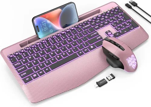 Vista 10 de Teclado y Mouse Inalámbricos con Retroiluminación, Reposamuñecas, Mouse LED, Teclado Ergonómico Recargable con Soporte para Teléfono, Combo