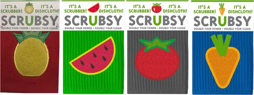 Vista 7 de MÜkitchen SCRUBSY 100% Cotton Kitchen Dish Cloth with Built in Scrubber Kit Various Designs and Super Absorbent Set of 4 (Avian)