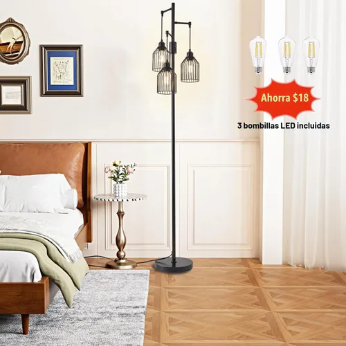 Vista 5 de Lámpara de pie regulable para sala de estar, lámpara de pie de granja con elegante jaula colgante, 3 bombillas LED Edison incluidas, lámpara de pie