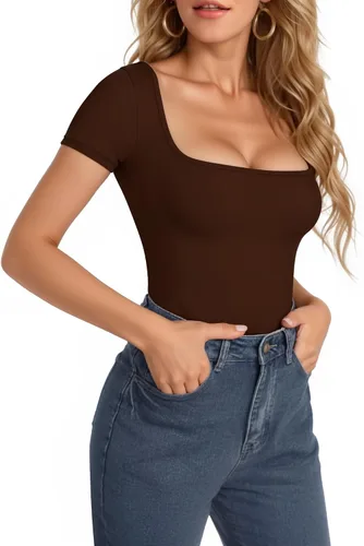 Vista 14 de MANGOPOP - Body de manga corta con cuello cuadrado para mujer