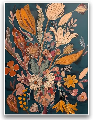 Vista 11 de Juego de 3 pósteres florales retro, imágenes de flores coloridas, póster moderno y colorido de arte de pared botánico bohemio de mediados de siglo