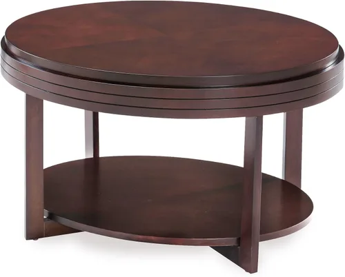 Vista 4 de Leick Home 10109-CH Mesa de centro ovalada pequeña con estante, color cereza chocolate Nuez pacana