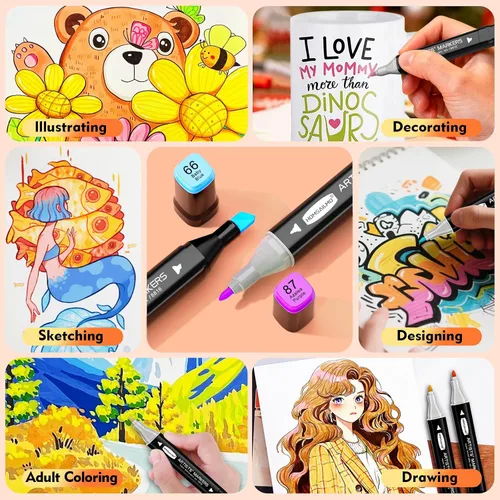 Vista 5 de HOMESILMO - Juego de bolígrafos de alcohol de 48 colores, bolígrafo de alcohol para adultos de doble punta, suministros de arte de bocetos mixtos
