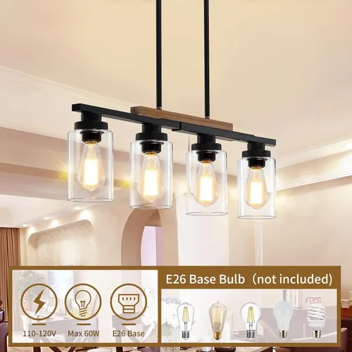 Vista 3 de Lámpara de comedor sobre mesa, iluminación de isla de cocina de 4 luces, modernos candelabros de madera para comedor con altura ajustable, luces