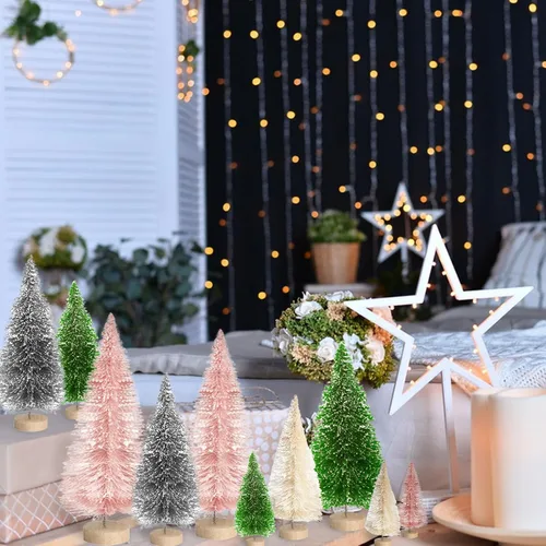 Vista 5 de Árbol de Navidad artificial con 4 tamaños, árbol de Navidad con base de madera para decoración de mesa del hogar, adornos de Navidad, decoraciones