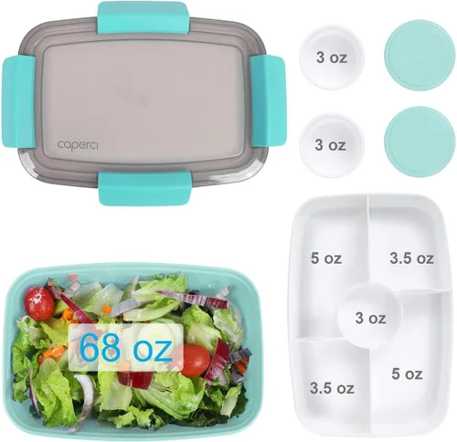 Vista 4 de Caperci Recipiente grande para ensalada para el almuerzo, lonchera Bento para adultos de 68 onzas, bandeja de 5 compartimentos, 2 tazas de salsa