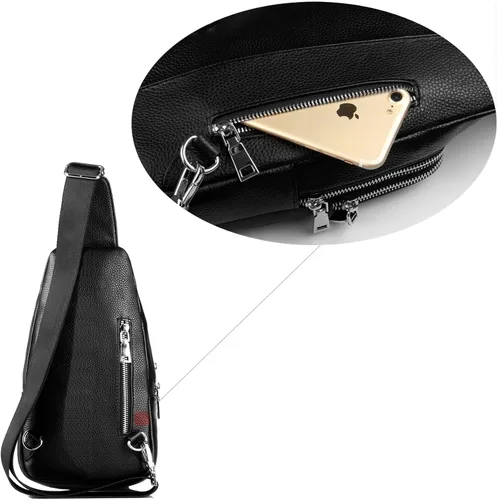 Vista 6 de DK86 Mochila bandolera de cuero para el pecho bolso cruzado para el hombro mochila de viaje para hombres y mujeres Negro 1 Mochilas Daypack