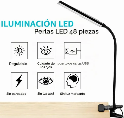 Vista 3 de RAOYI Lámpara de escritorio LED, clip USB de 5 W, lámpara de mesa con abrazadera de lectura para cuidado de los ojos con 48 luces LED, cuello