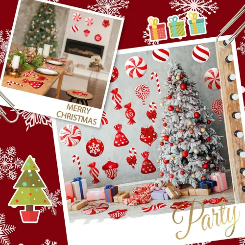 Vista 5 de Yulejo 65 calcomanías de Navidad para el suelo, calcomanías de pared de menta, calcomanías de bastón de caramelo, decoraciones de piruletas grandes