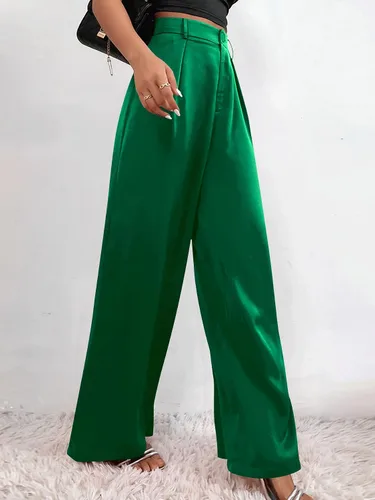 Vista 3 de SweatyRocks Pantalones largos de satén de cintura alta para mujer, de pierna ancha, casuales, trabajo, oficina, de seda sintética con bolsillos